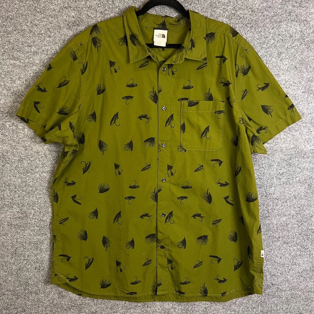 The North Face Button Up Shirt Mens XXL Green Excellent Fly Fishing Print Cotton